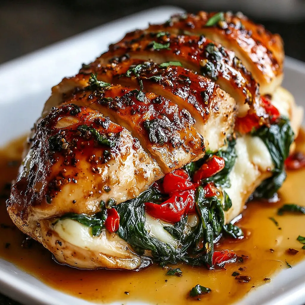 Close-up shot of juicy Roasted Red Pepper Mozzarella Stuffed Chicken showing the cheesy filling.
