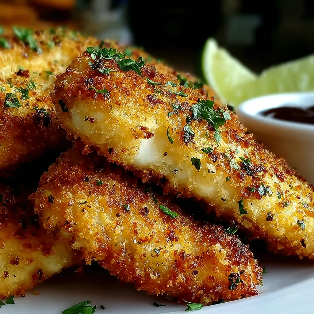 Close-up of golden-brown Baked Parmesan Chicken Tenders arranged on a plate, showcasing their crispy texture and cheesy coating.