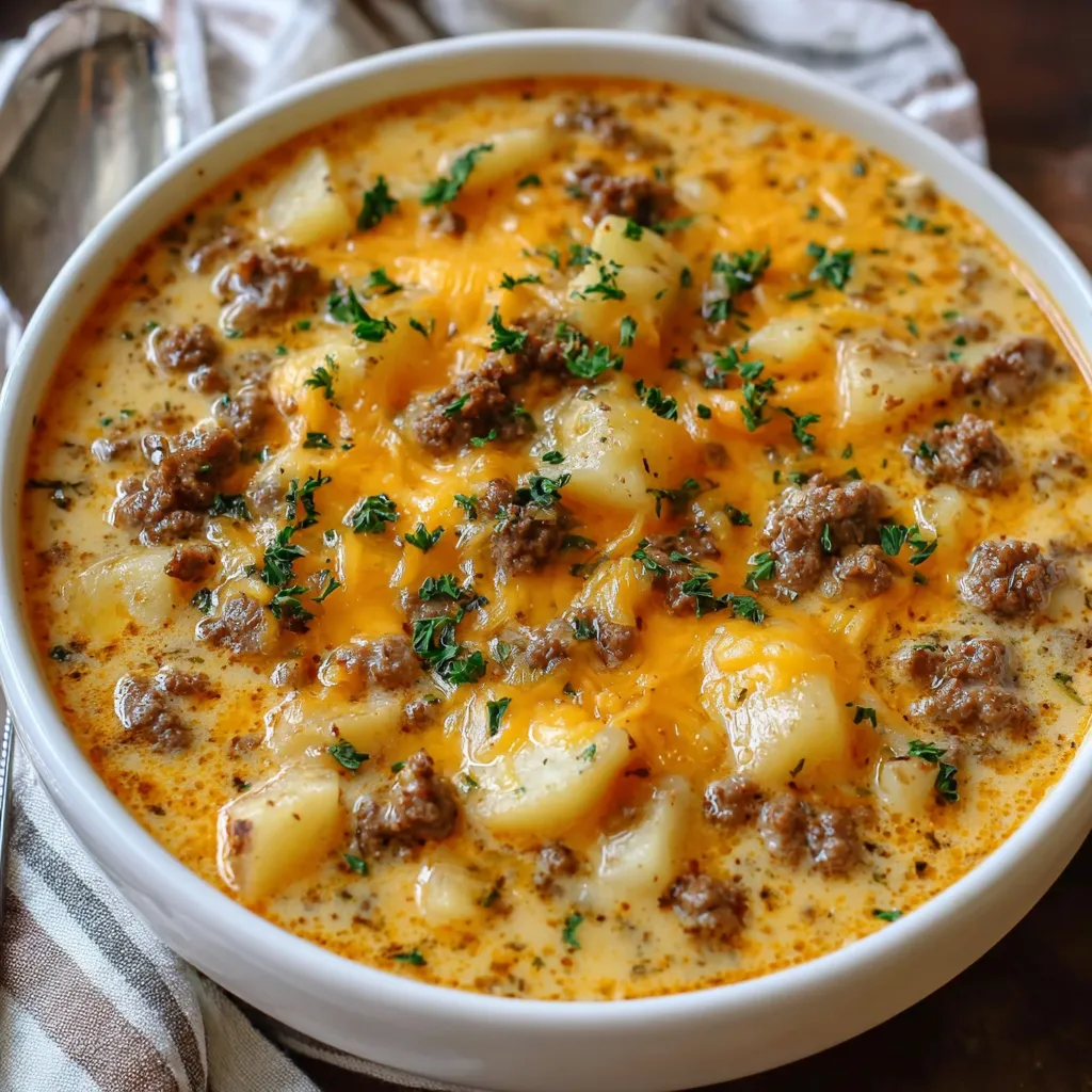 Close-up of a hearty bowl of Beef And Potato Soup, showcasing its rich broth and tender ingredients.