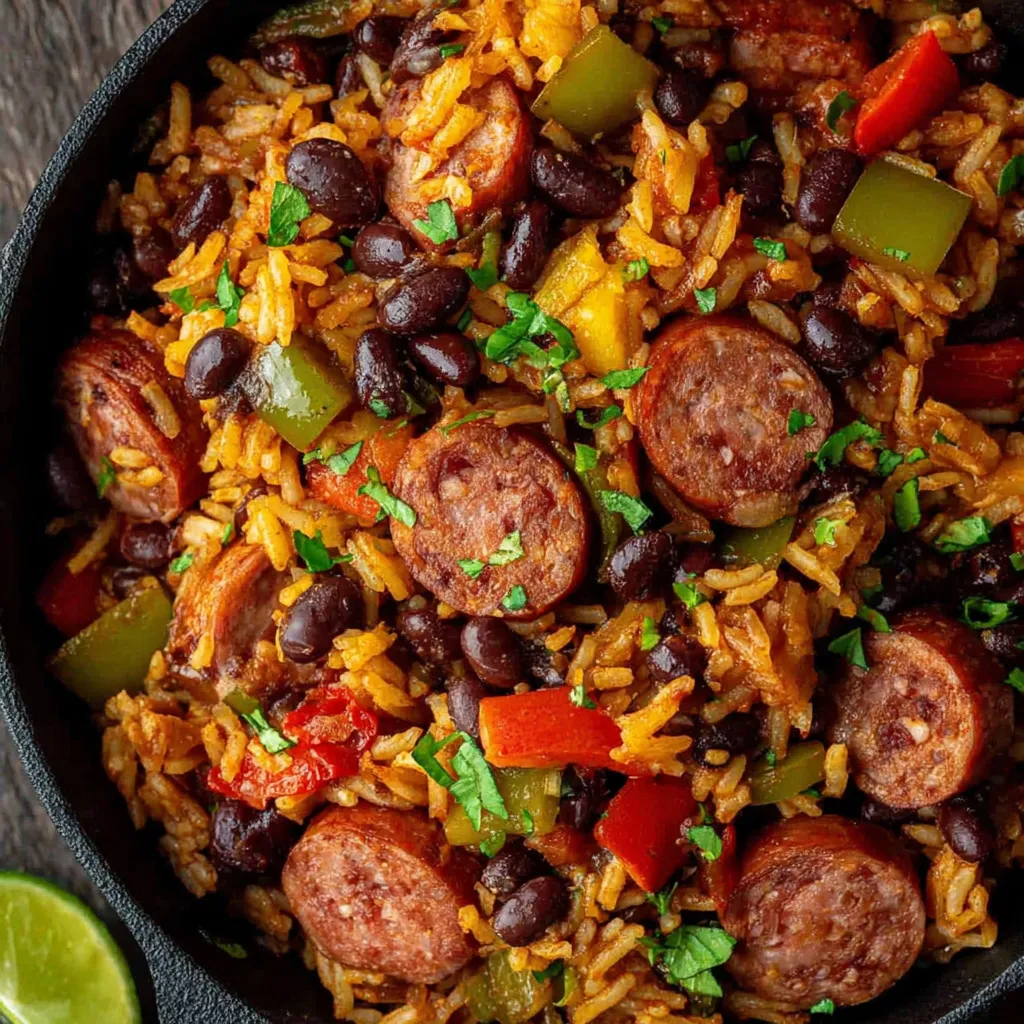 Close-up of a hearty serving of Black Beans And Rice With Sausage, showcasing the vibrant colors and textures of the dish.