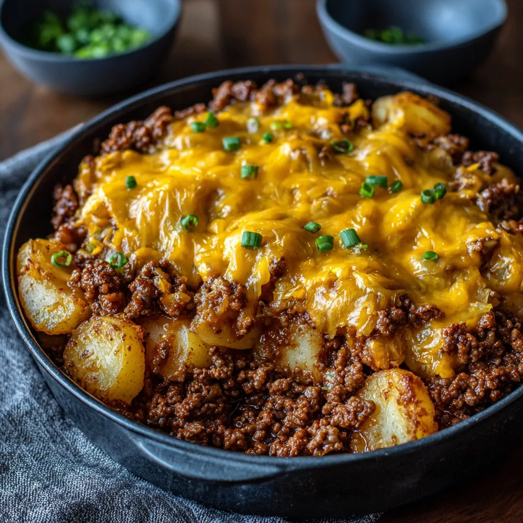 A close-up view showcases the delicious layers of a freshly baked Cheesy Ground Beef Potato Casserole, highlighting the melted cheese and savory ground beef.