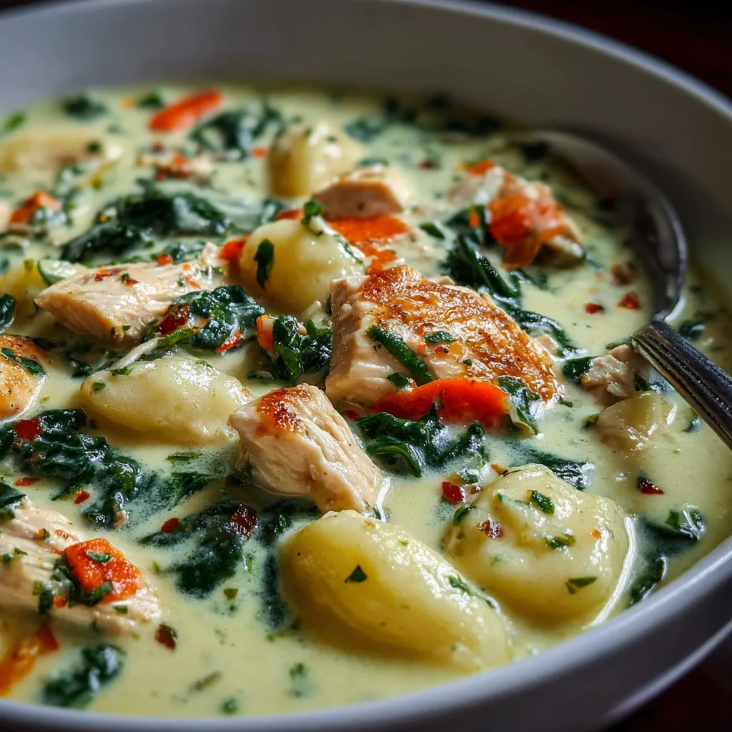 A close-up shot showcases a creamy bowl of Chicken Gnocchi Soup, highlighting the tender chicken, soft gnocchi, and vibrant vegetables.