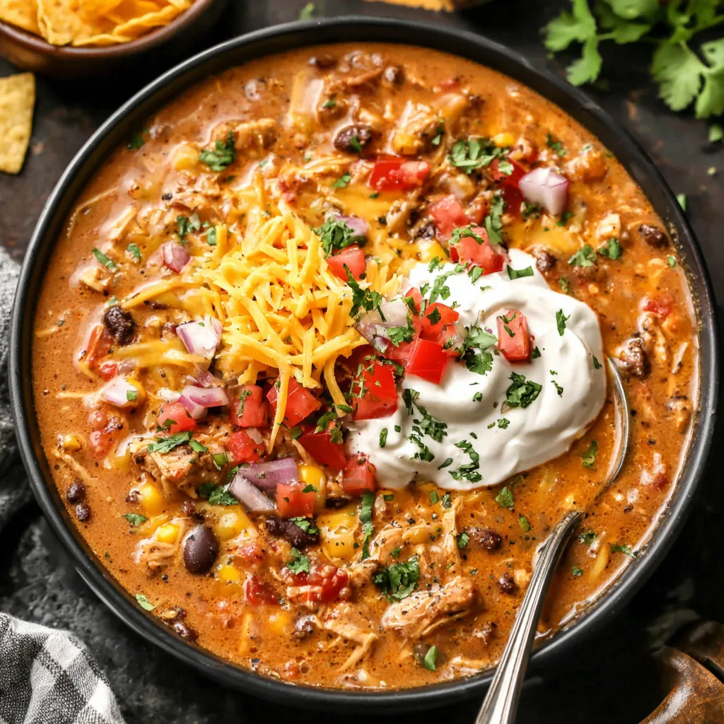 A close-up shot showcasing a vibrant bowl of homemade Chicken Taco Soup, perfect for a comforting meal.