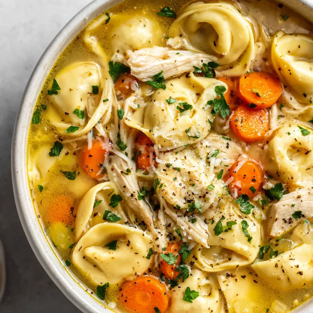 A close-up shot showcases a steaming bowl of Chicken Tortellini Soup, highlighting the pasta and chicken.