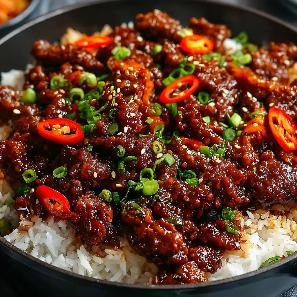 A close-up shot showcasing a vibrant serving of Chilli Beef Rice, highlighting its textures and ingredients.