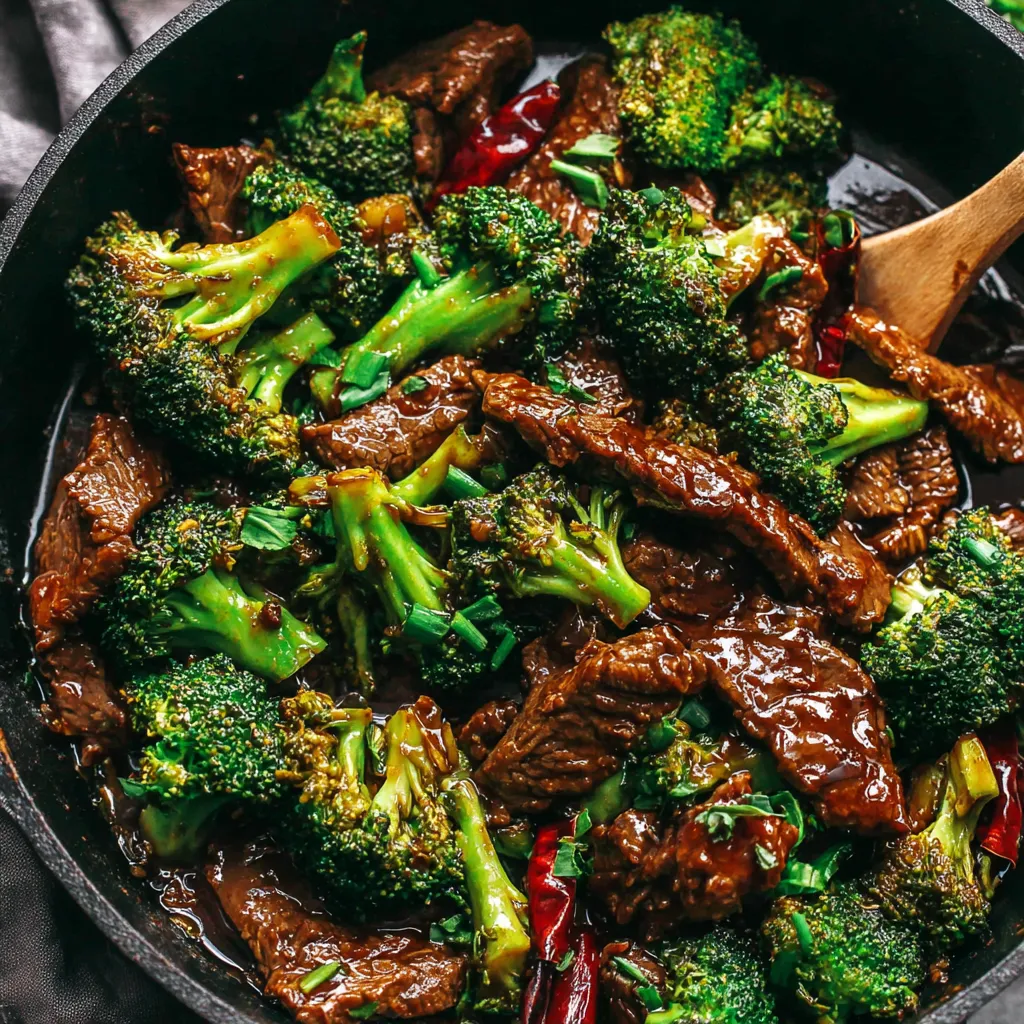 Close-up of delicious Chinese Beef And Broccoli served in a white bowl, showcasing its rich sauce and vibrant green vegetables.