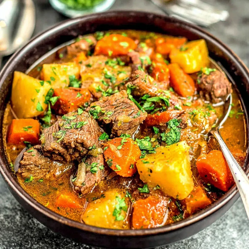 Close-up of delicious Crockpot Beef Stew in a bowl, ready to be served.