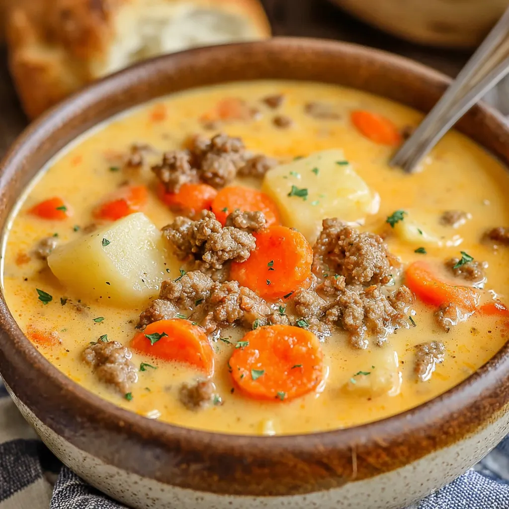 A close-up shot of a bowl of creamy Crockpot Cheeseburger Soup, garnished with shredded cheese and green onions.