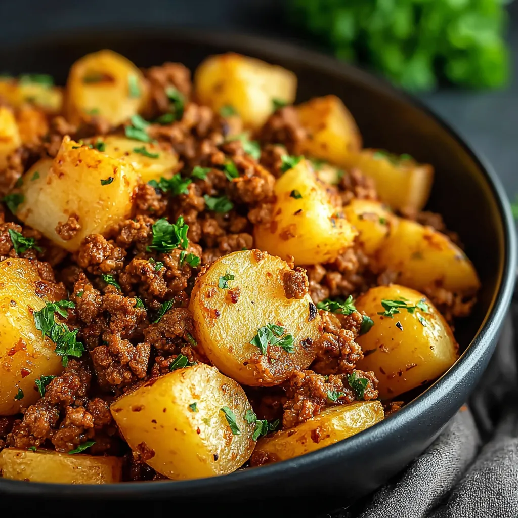 Close-up shot of a serving of Ground Turkey Potatoes, ready to eat.