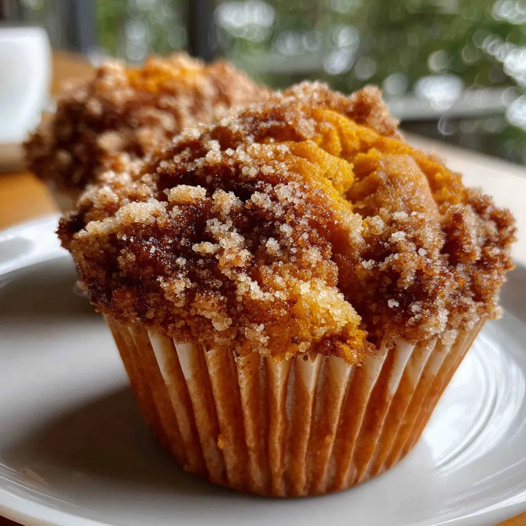 Close-up of delicious Pumpkin Streusel Muffins, showcasing the crumbly streusel topping.