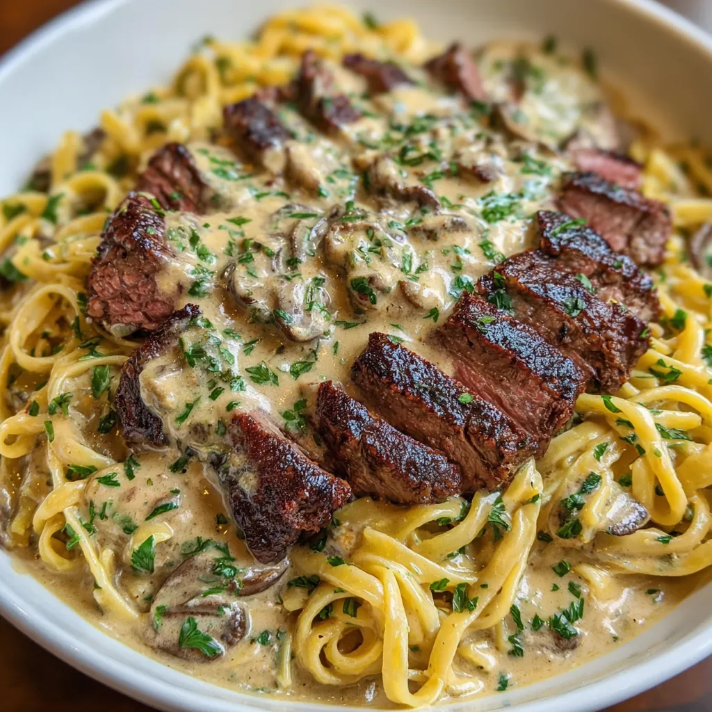 A close-up shot displays a delicious serving of Steak Pasta, showcasing the perfectly cooked steak and creamy sauce.