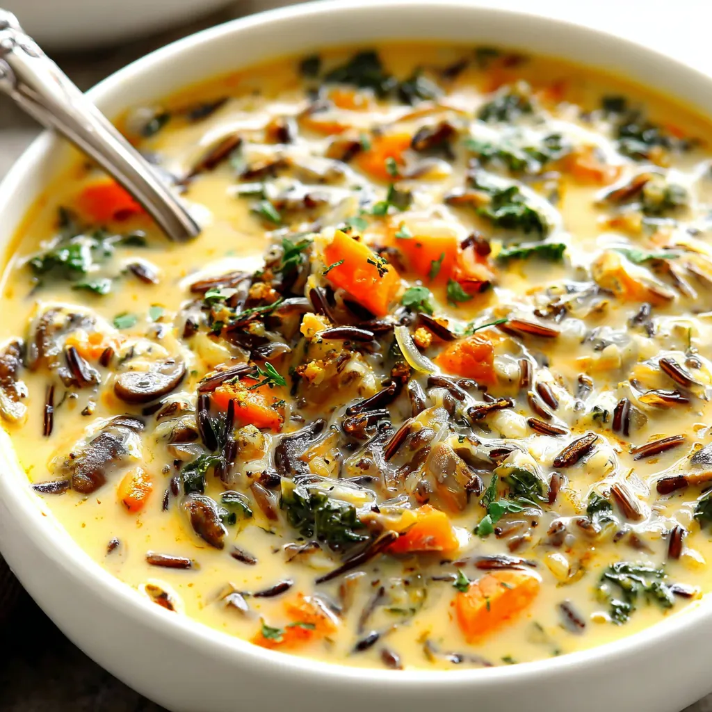 Close-up shot of creamy Wild Rice Soup in a bowl, showcasing its texture and ingredients.