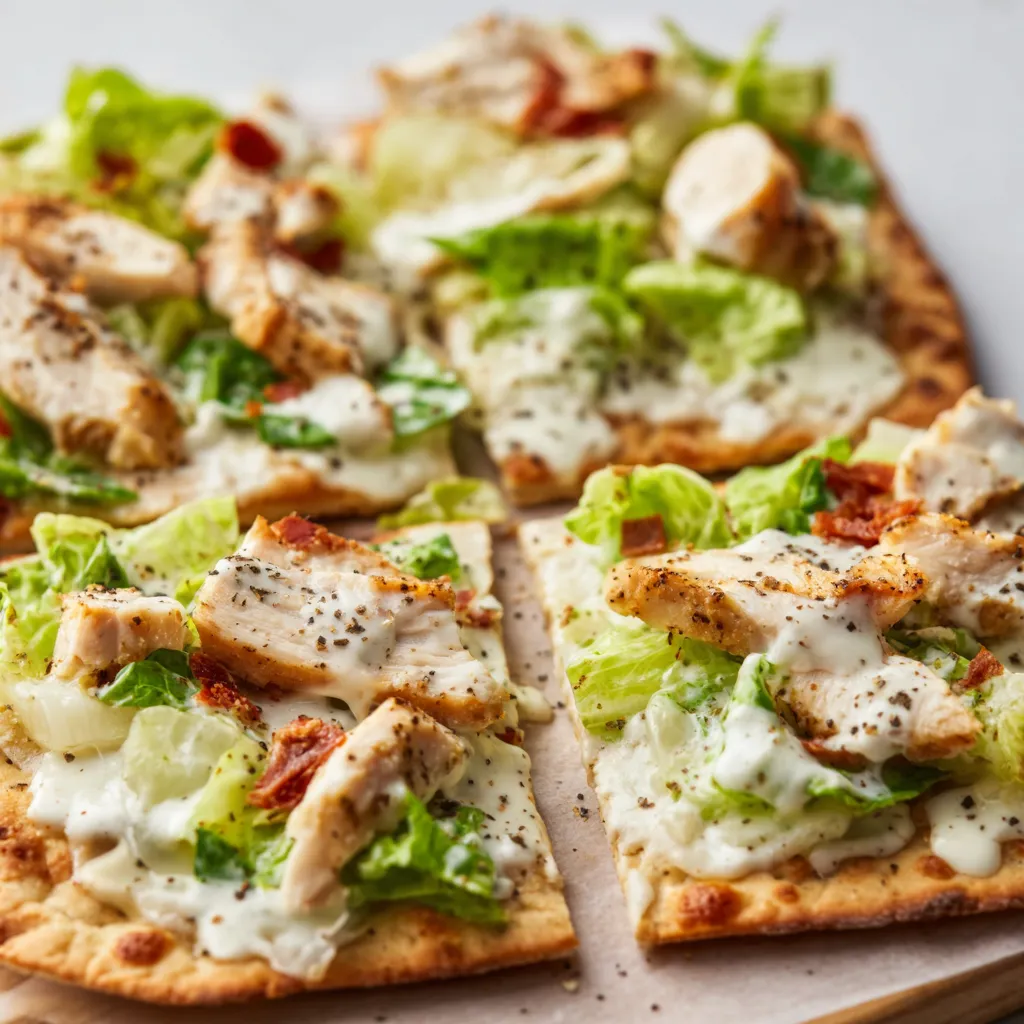 A close-up view showcases a delicious Chicken Caesar Flatbread with grilled chicken, crisp romaine lettuce, creamy Caesar dressing, and parmesan cheese.