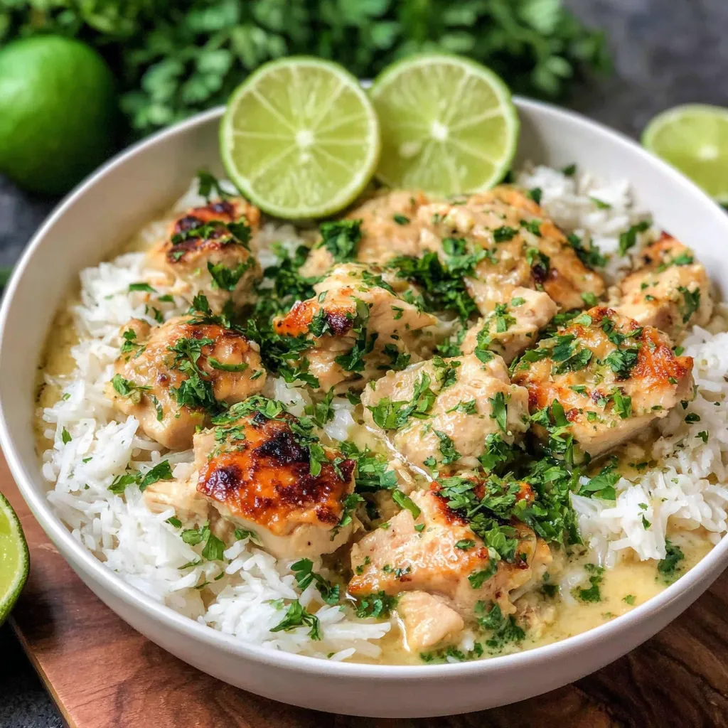 A close-up shot showcases the delicious Coconut Chicken And Rice dish, ready to be served.