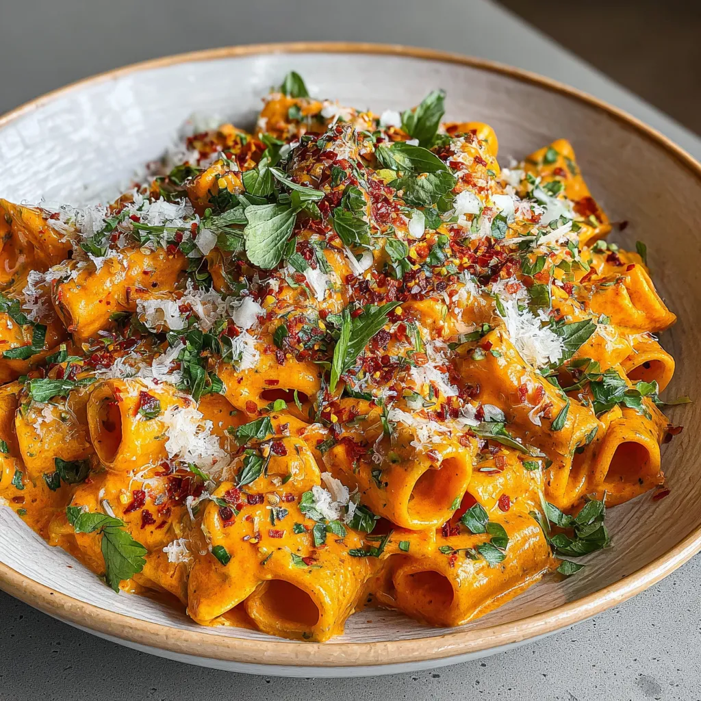 Close-up of freshly made Creamy Garlic Tomato Pasta in a white bowl, showcasing its creamy texture and vibrant color.