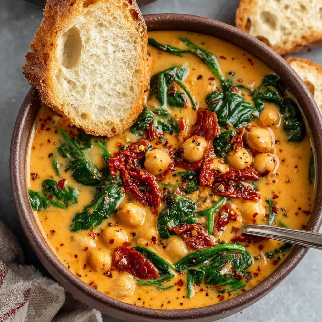 A close-up shot showcases the rich texture and vibrant colors of a bowl of Creamy Tuscan Chickpea Soup.