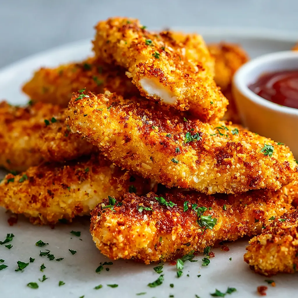 Close-up view of perfectly browned and Crispy Baked Chicken Tenders, ready to be served.