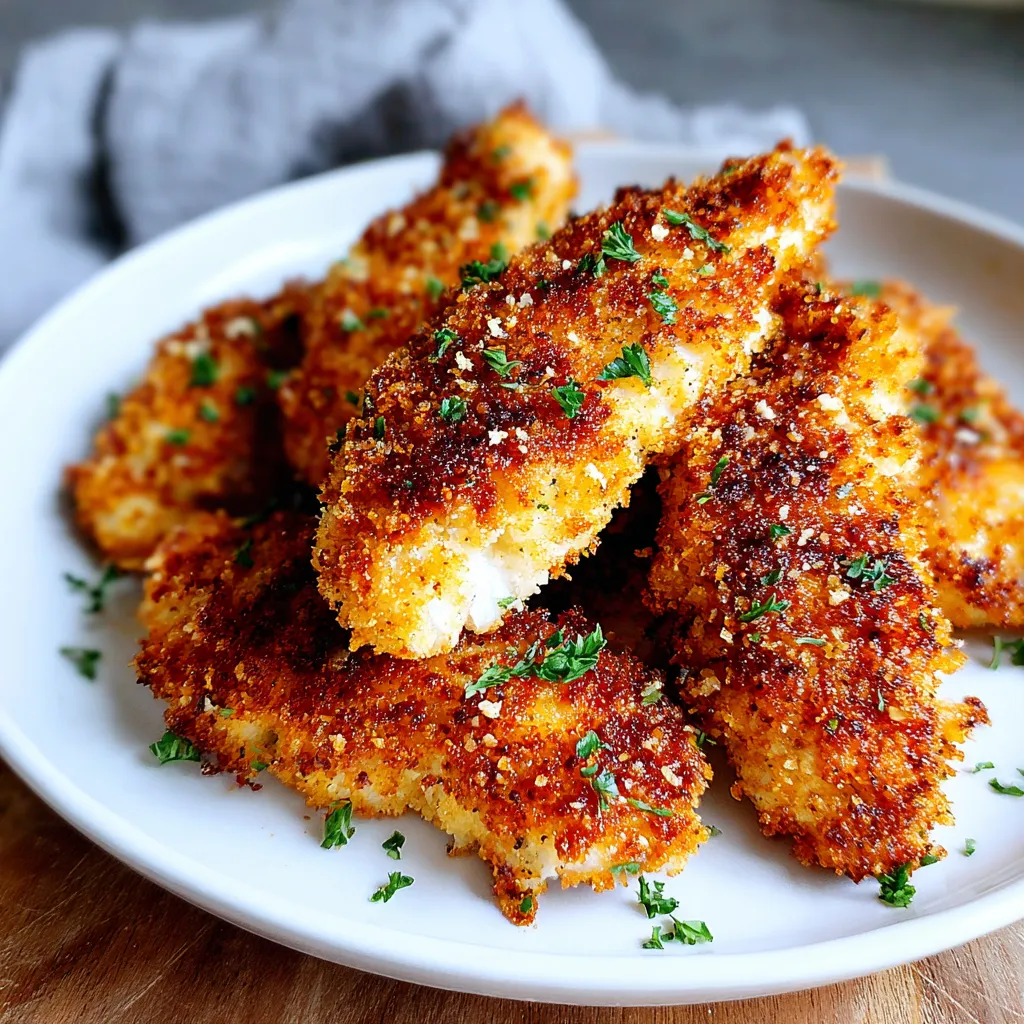 Close-up view of golden brown Crispy Baked Chicken Tenders fresh out of the oven, ready to be served.
