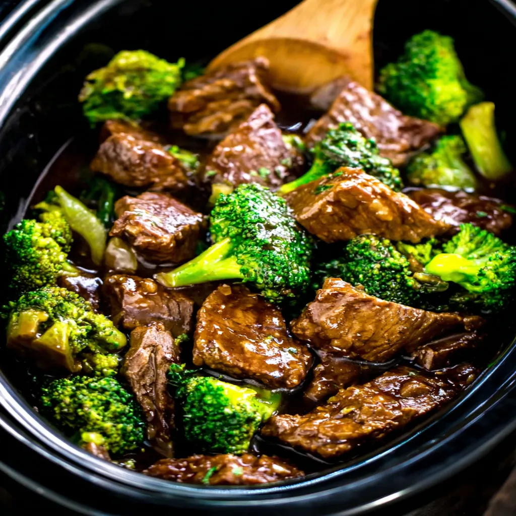 Close-up view of saucy Crock Pot Beef & Broccoli served over rice, showcasing its tender beef and vibrant green broccoli florets.