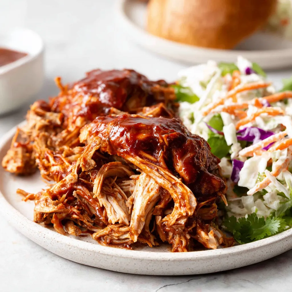 Close-up of delicious shredded Crockpot BBQ Chicken ready to be served.