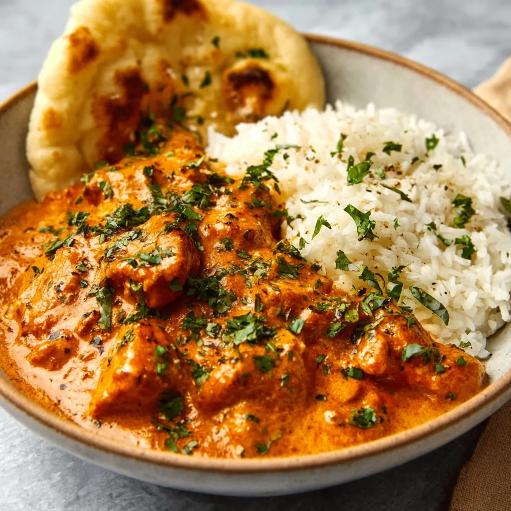 Close-up of creamy and delicious Butter Chicken, showcasing its rich texture and vibrant colors.