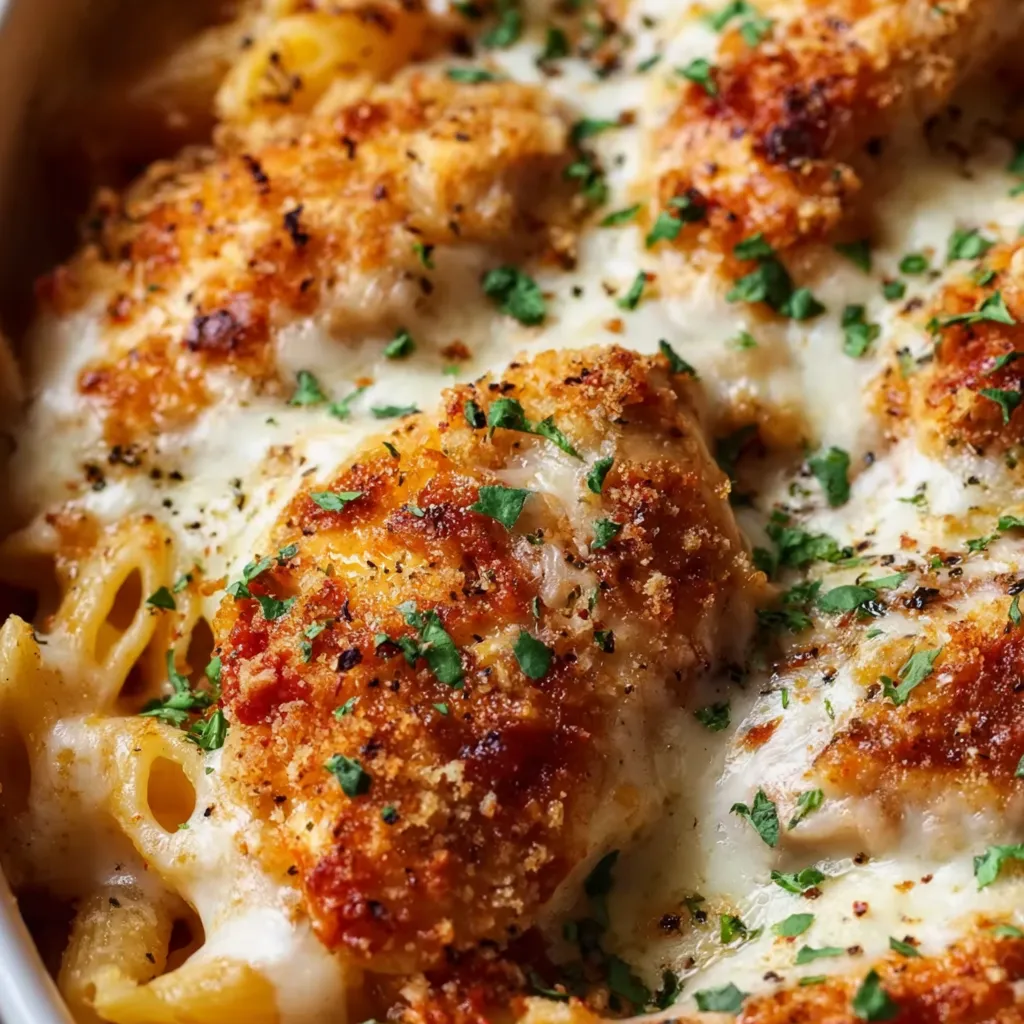 Close-up of a delicious Chicken Parmesan Casserole, showing the melted cheese and golden-brown breadcrumb topping.