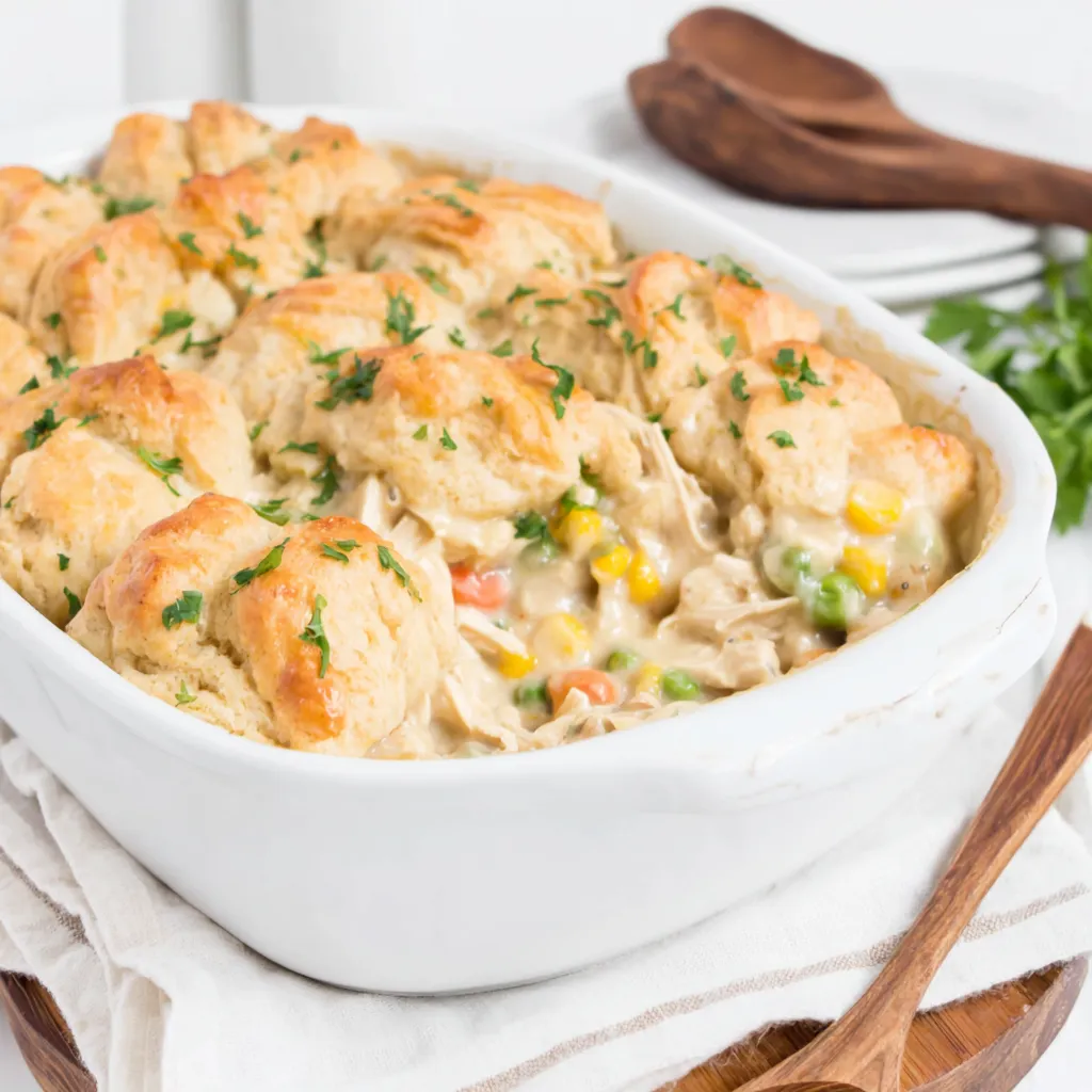 Close-up shot of a freshly baked Chicken Pot Pie Casserole, showcasing its golden-brown crust and creamy filling.