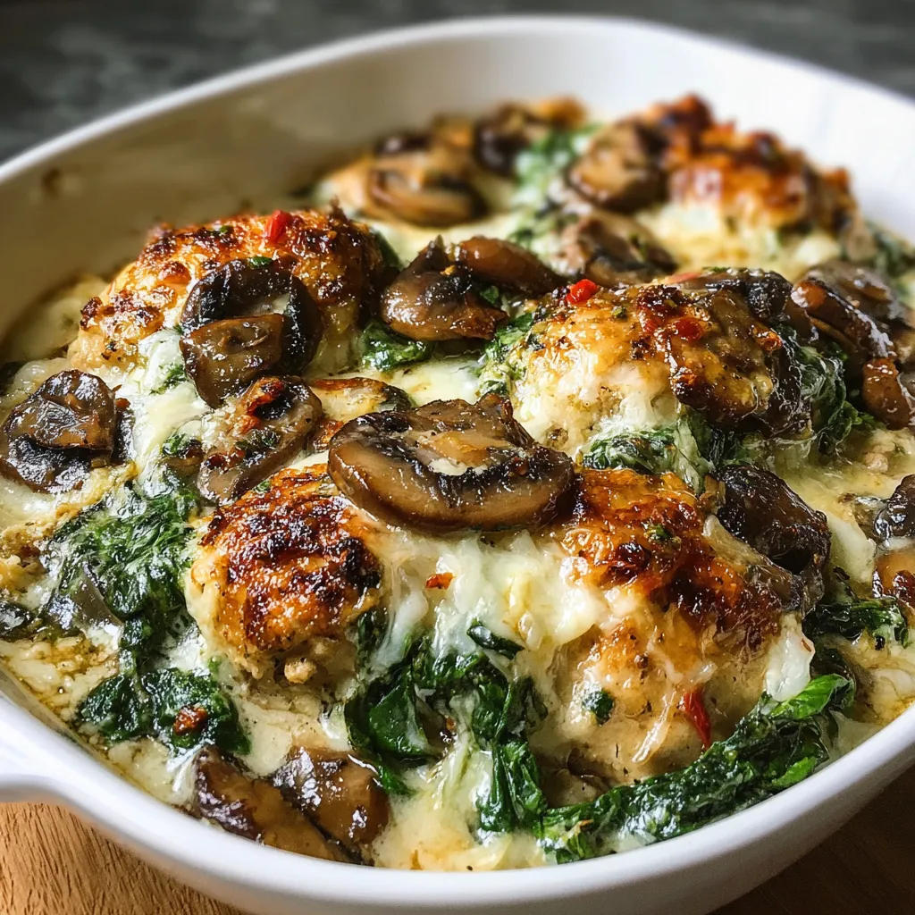 Close-up shot showcasing a delicious and golden-brown Chicken Spinach Mushroom Bake, ready to be served.