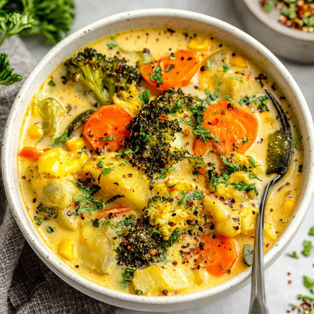 Close-up view of a delicious bowl of Vegetable Soup, showcasing its vibrant colors and fresh ingredients.