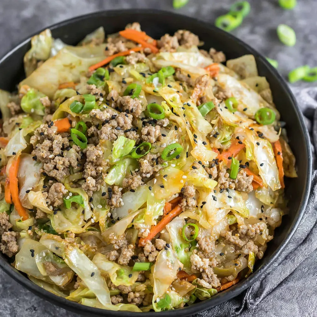 A close-up shot shows a colorful and delicious Egg Roll In A Bowl, perfect for a quick and easy meal.