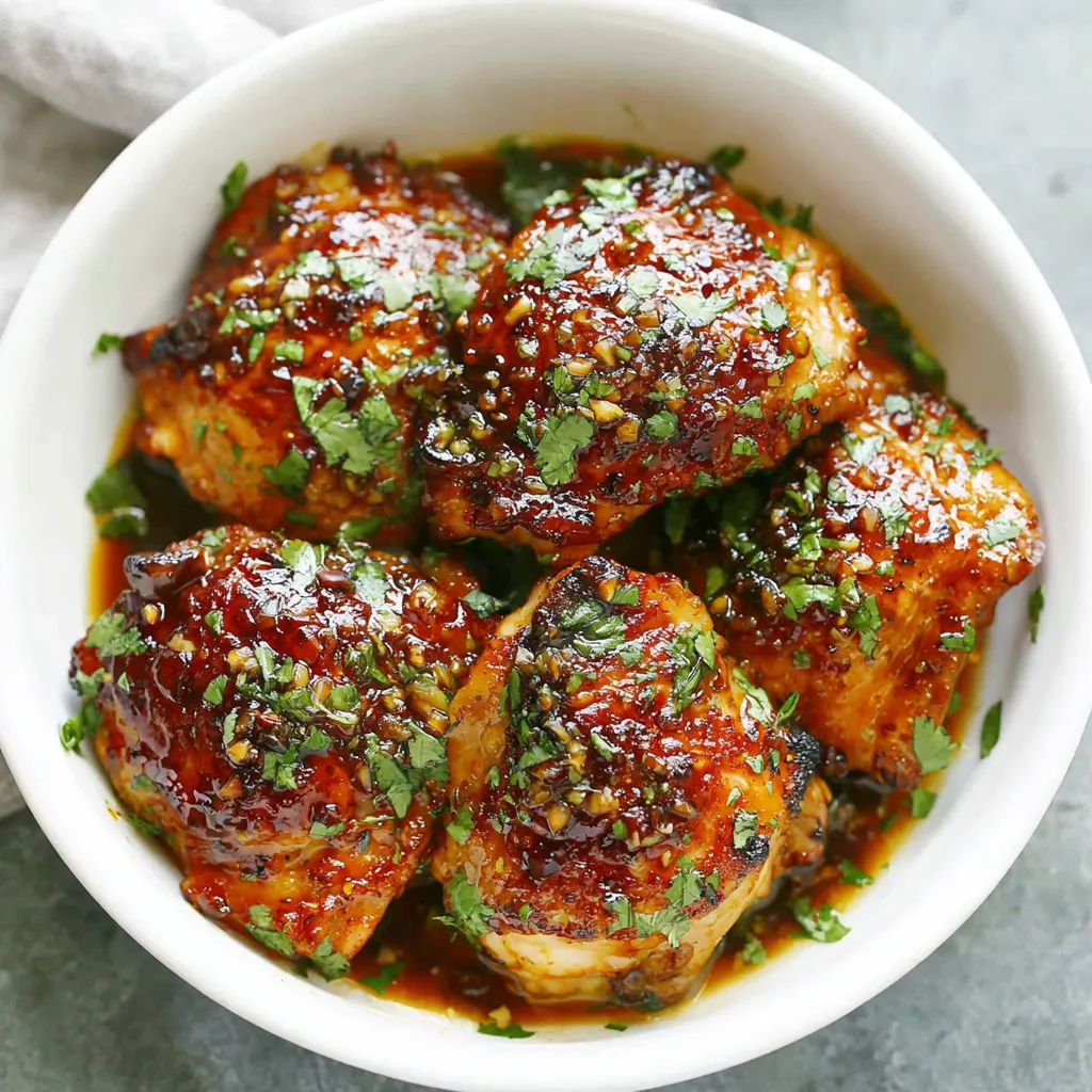 Close-up shot of glistening Honey Garlic Chicken, showcasing its rich color and appetizing texture.