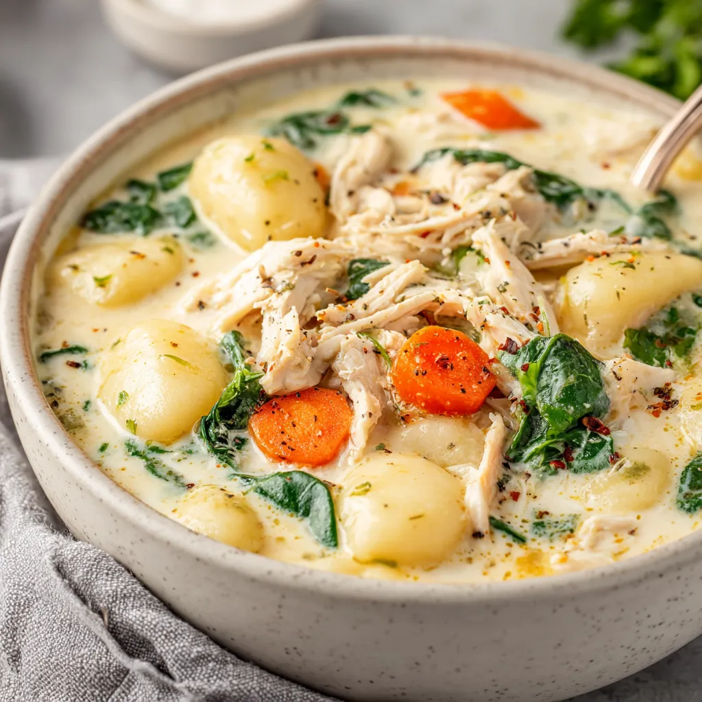A close-up shot of creamy Rotisserie Chicken Gnocchi Soup showcases its delicious texture and ingredients.