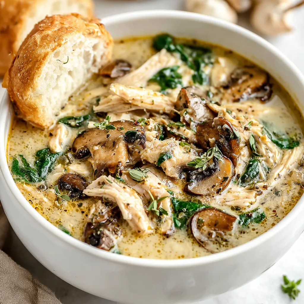 Close-up shot of a creamy bowl of Rotisserie Chicken & Mushroom Soup, showcasing the tender chicken and earthy mushrooms.