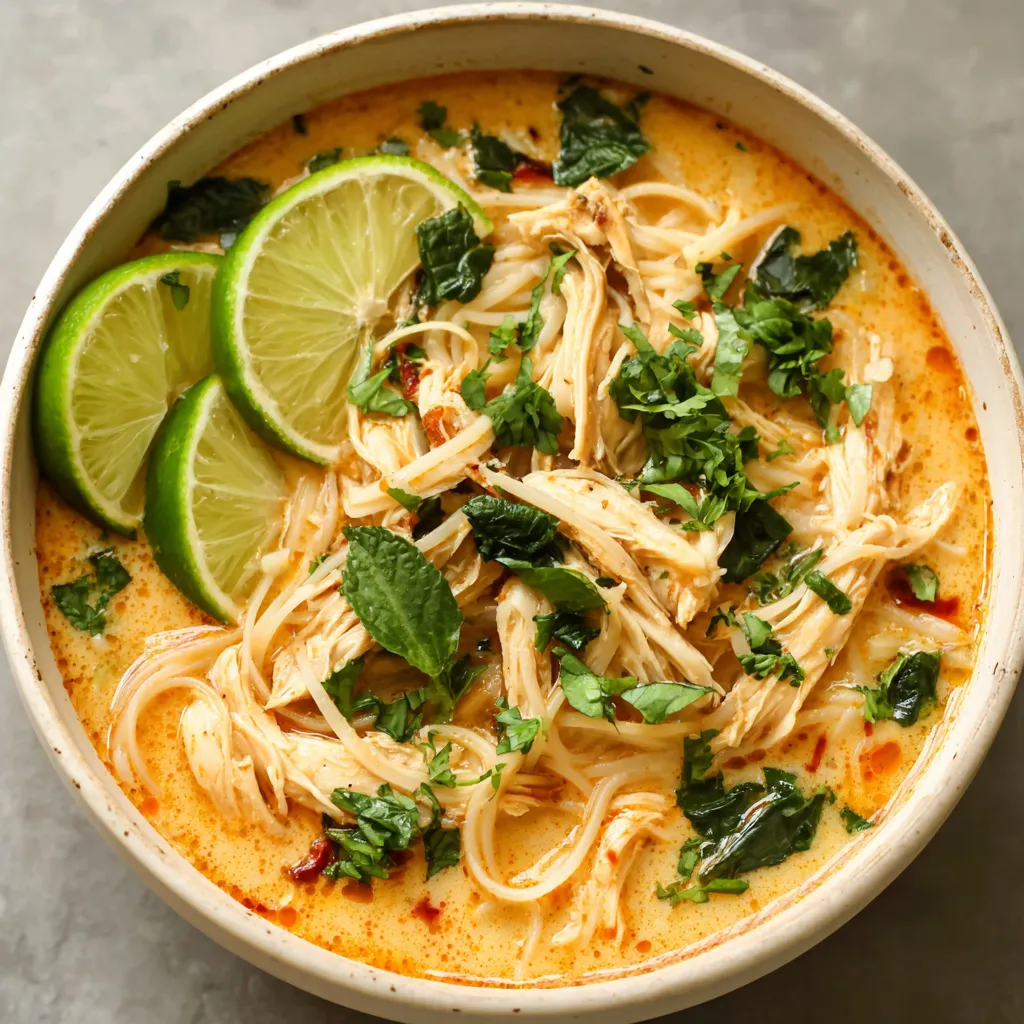 Close-up shot of a delicious bowl of Thai Chicken Soup, showcasing the broth and ingredients.