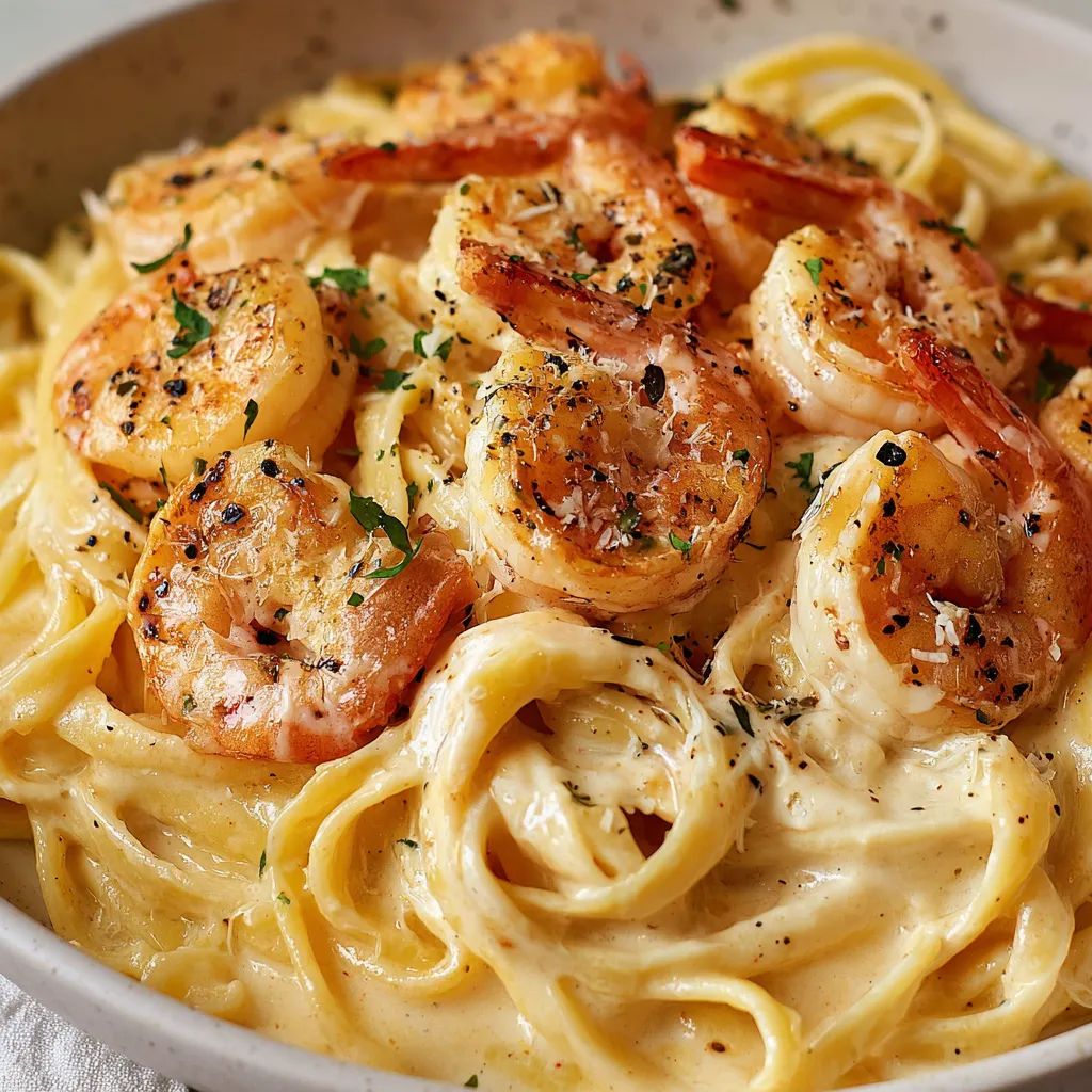 Close-up shot of a delicious plate of Garlic Shrimp Pasta, showcasing the juicy shrimp and flavorful sauce.