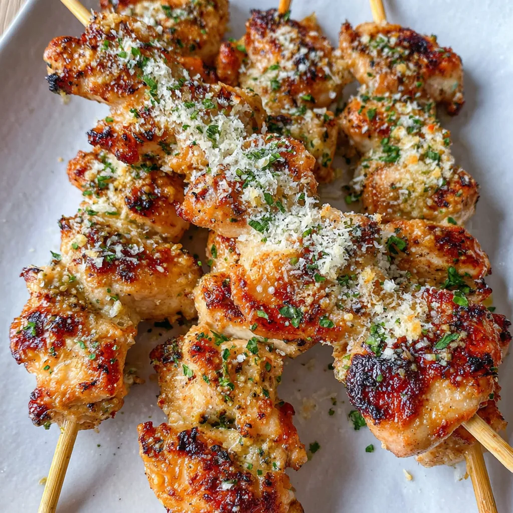 Close-up view of juicy Grilled Ranch Garlic Parmesan Chicken Skewers, showcasing the delicious marinade and perfectly grilled texture.