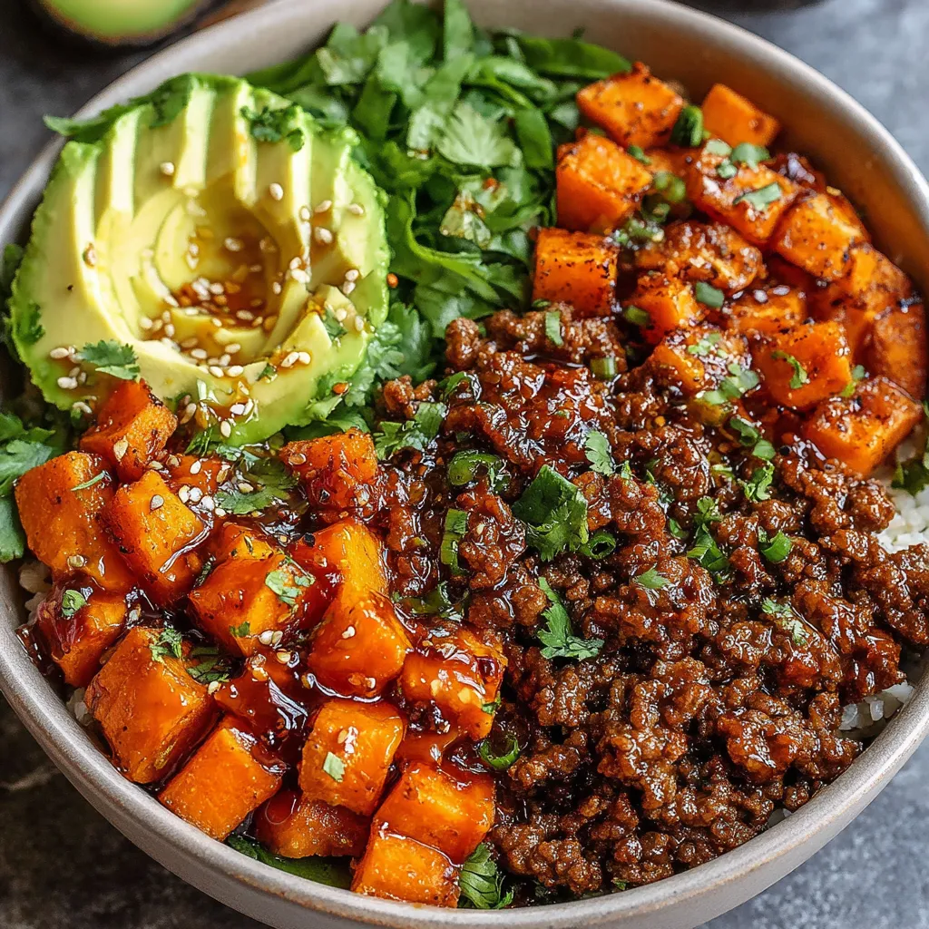 Close-up shot of a delicious Ground Beef Hot Honey Bowl, showcasing the vibrant colors and textures of the ingredients.