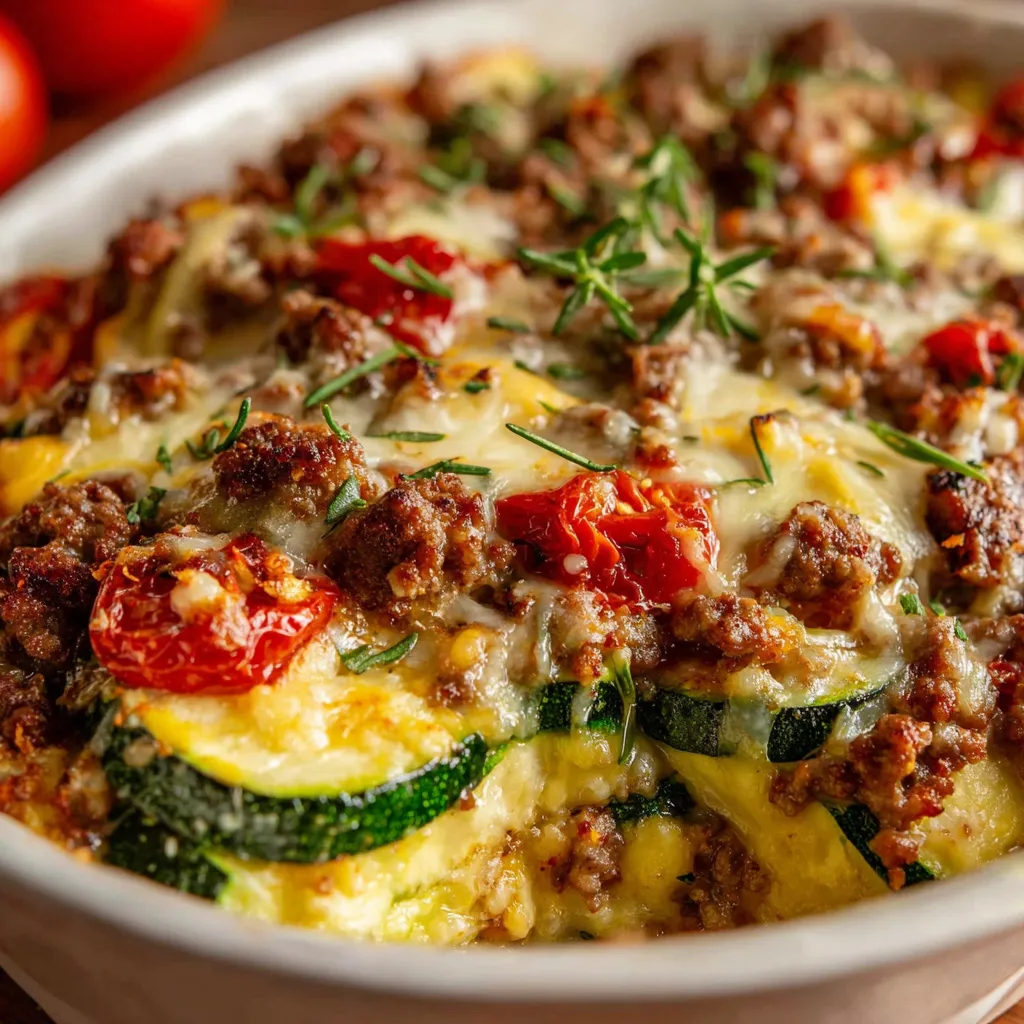 A close-up shows a delicious Ground Turkey Zucchini Casserole, baked until golden brown and bubbly.