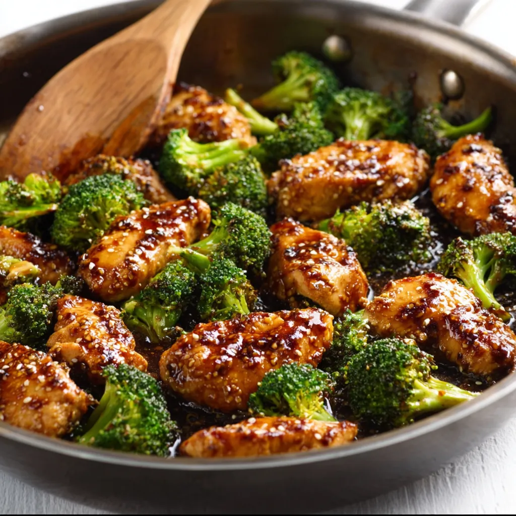 Close-up of a delicious Honey Garlic Chicken And Broccoli Stir-Fry, showcasing the vibrant colors and textures of the dish.
