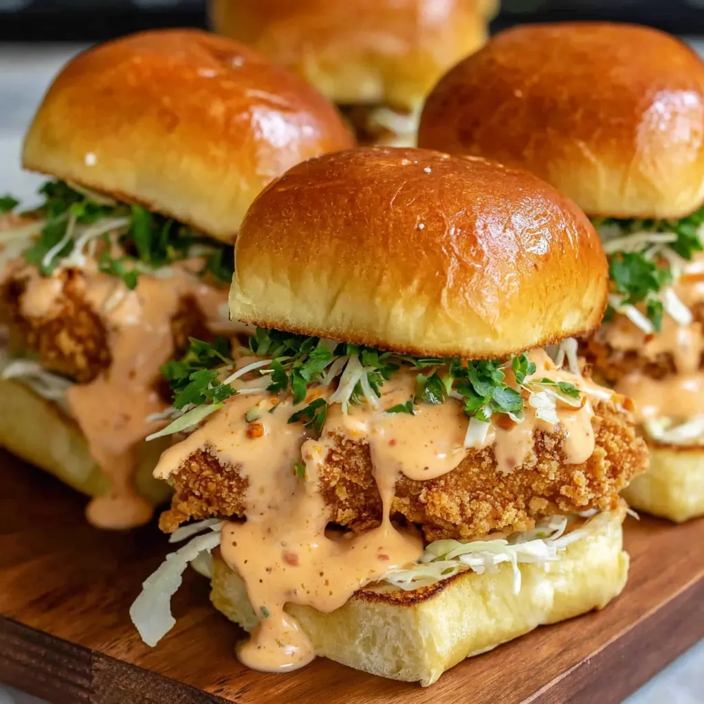 Close-up of delicious Bang Bang Chicken Sliders, showcasing the creamy sauce and crispy chicken.