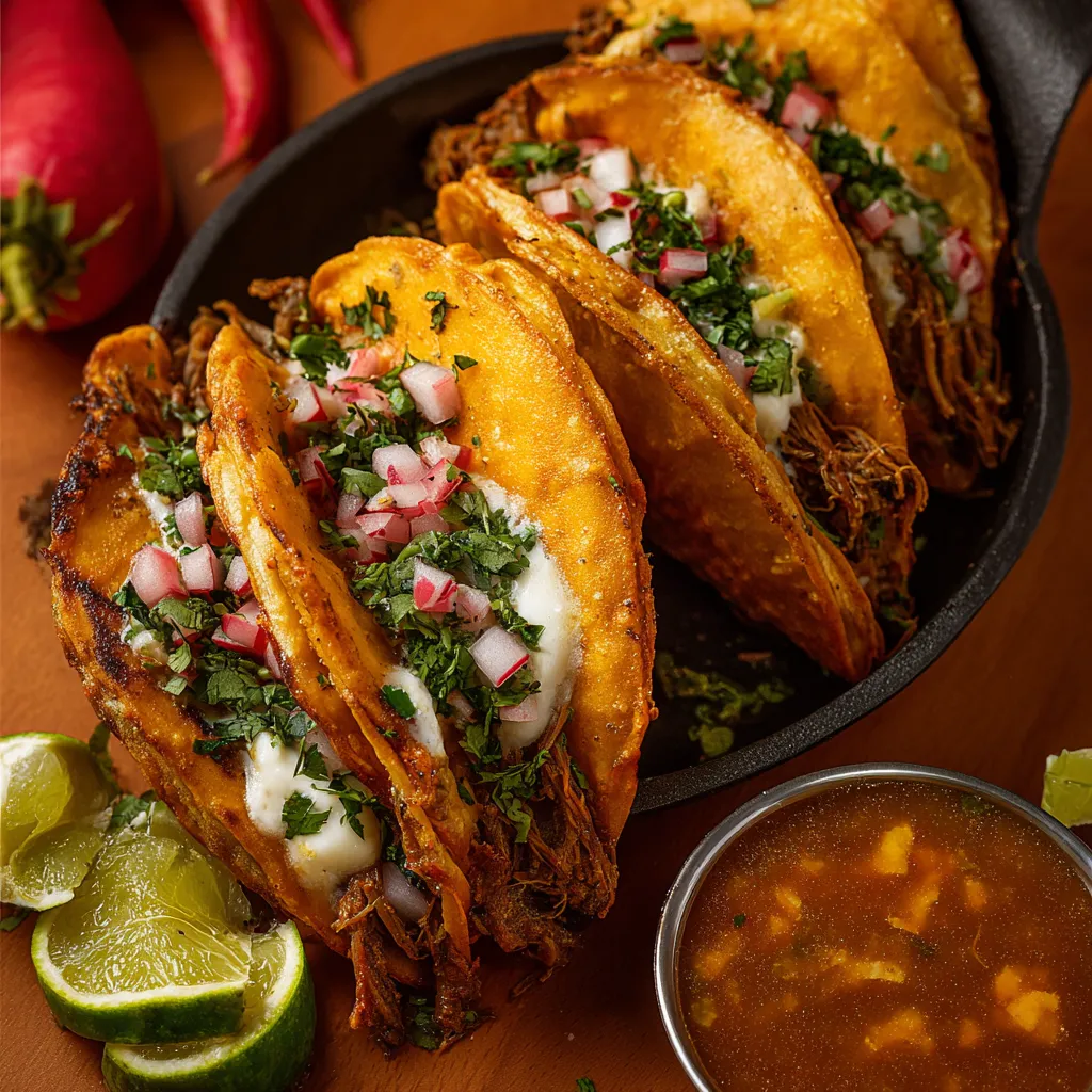 Close-up of delicious and juicy Birria Tacos, showcasing their rich color and flavorful filling.