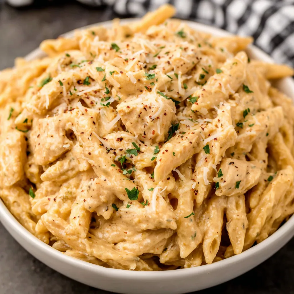 Close-up of a creamy Cajun Chicken Pasta dish, showcasing the tender chicken and colorful vegetables.