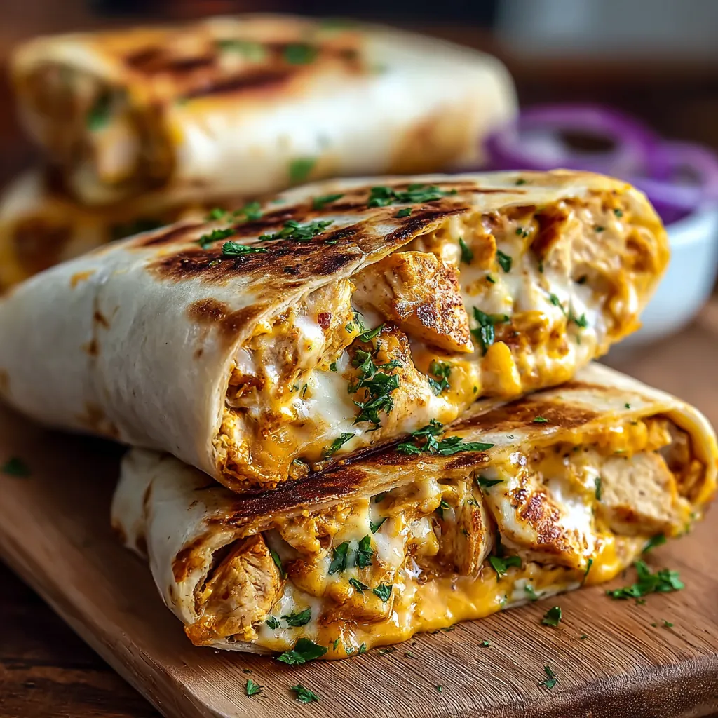 Close-up of delicious Cheesy Garlic Chicken Wraps, showcasing the melted cheese and savory filling.