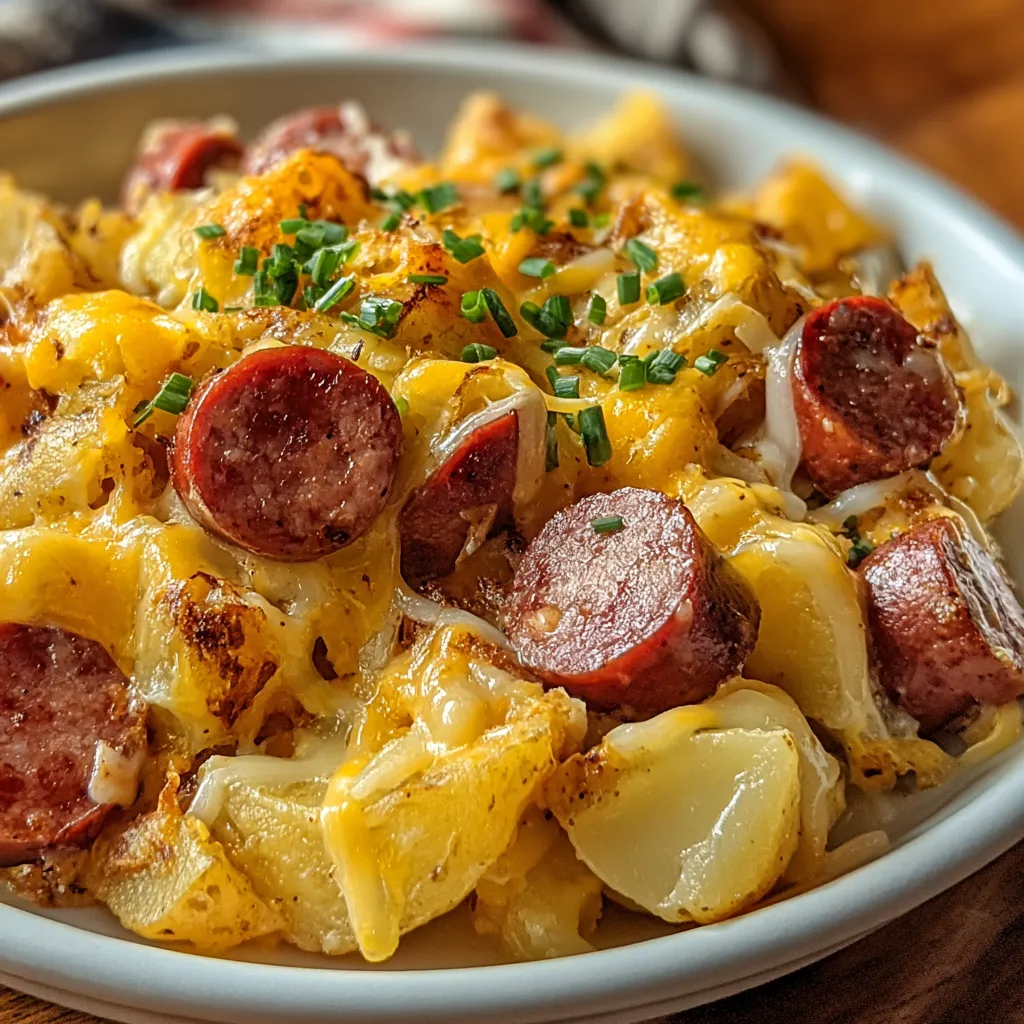 A close-up showcases the creamy texture of Cheesy Ranch Potatoes and Smoked Sausage, highlighting the melted cheese and savory sausage slices.