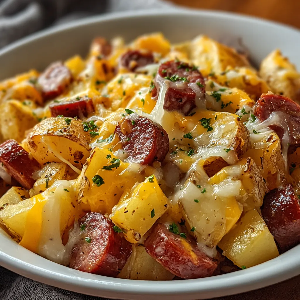 A close-up showcases the creamy texture and delicious blend of Cheesy Ranch Potatoes With Smoked Sausage, perfect for a comforting meal.