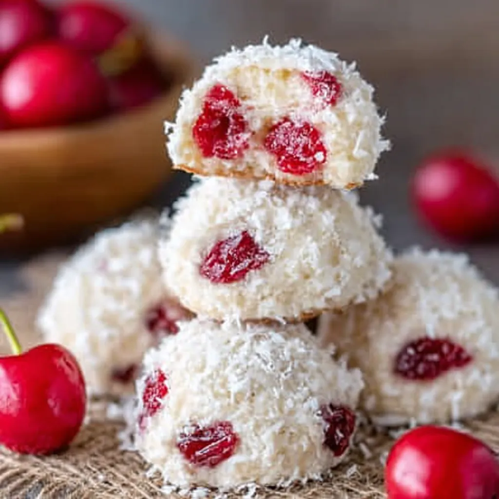 Close-up shot of delicious Cherry Snowball Cookies arranged on a white plate, perfect for the holidays.