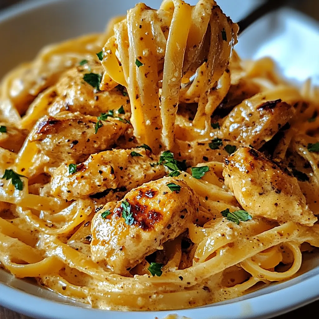 Close-up shot of creamy Cowboy Butter Chicken Linguine pasta dish, ready to be served.