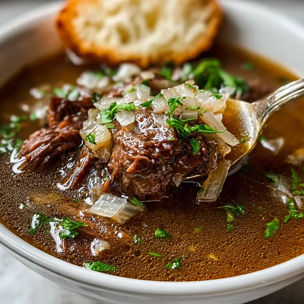 Close-up of hearty French Onion Beef Short Rib Soup in a bowl, showcasing the rich broth and tender beef.