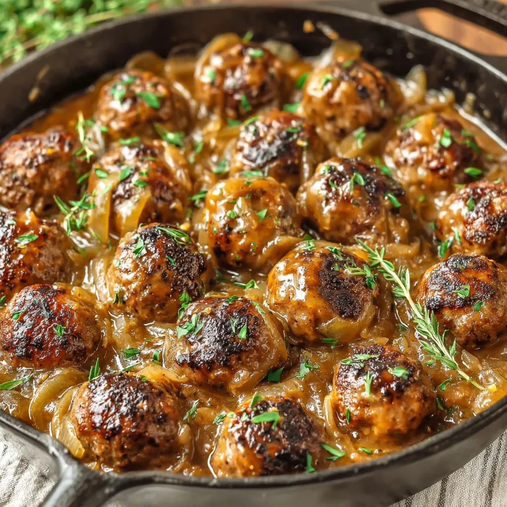 Close-up showcasing the delicious details of French Onion Meatballs, ready to be served.
