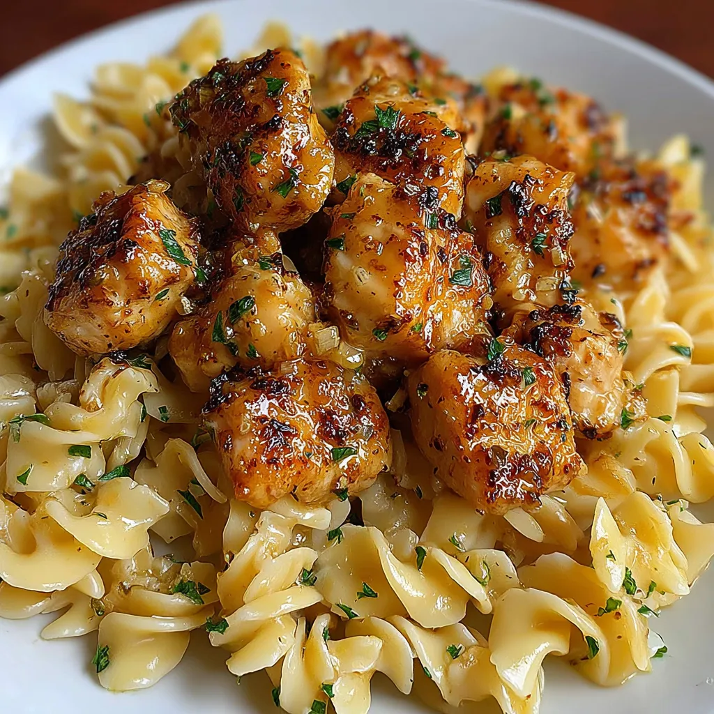 Close-up of creamy pasta with Garlic Butter Chicken Bites In Creamy Pasta, showcasing the texture and rich sauce.